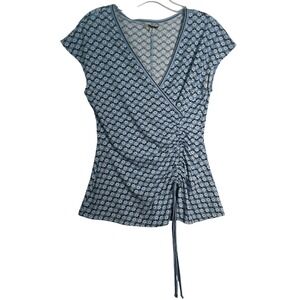 Max Studio Wrap Top Blue Floral Print Ruched Drawstring Short Sleeve Small‎